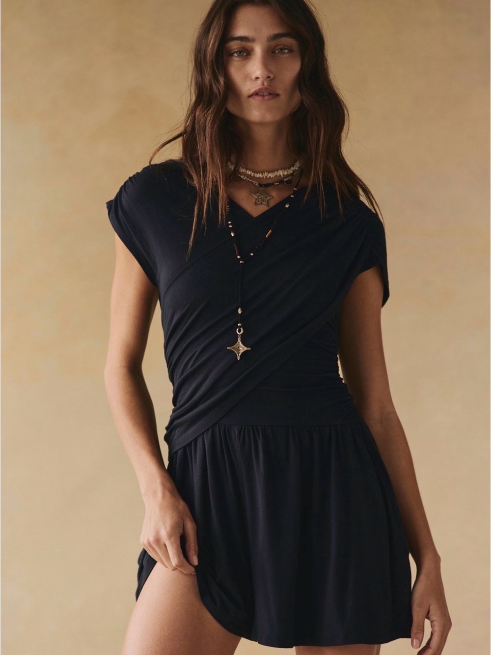 Free People Black Short Sleeve Wrap Romper